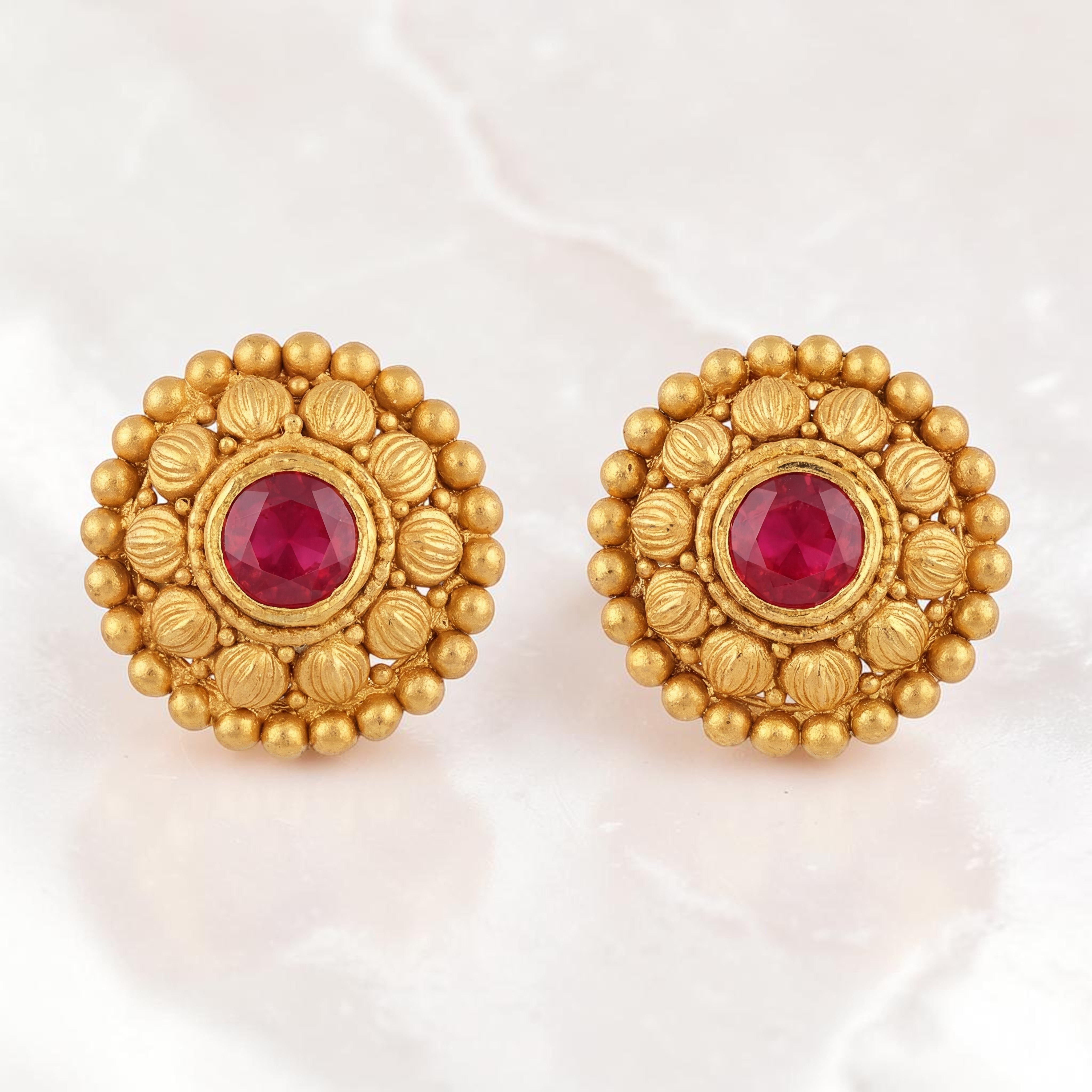 22KT Gold Antique Stud Earrings with Red Stone