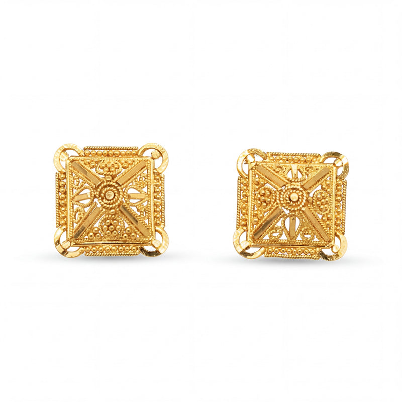 Elegant 22K yellow gold square heritage stud earrings featuring handcrafted filigree motifs with intricate traditional detailing by Pachchigar Jewellers Ashokbhai