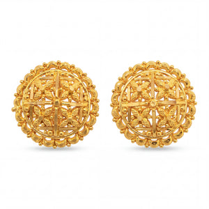 Elegant 22K yellow gold traditional filigree stud earrings featuring circular handcrafted lattice design with intricate detailing by Pachchigar Jewellers Ashokbhai