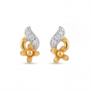 Elegant 22K yellow gold two tone diamond floral stud earrings featuring curved white gold leaf design with sparkling diamonds by Pachchigar Jewellers Ashokbhai