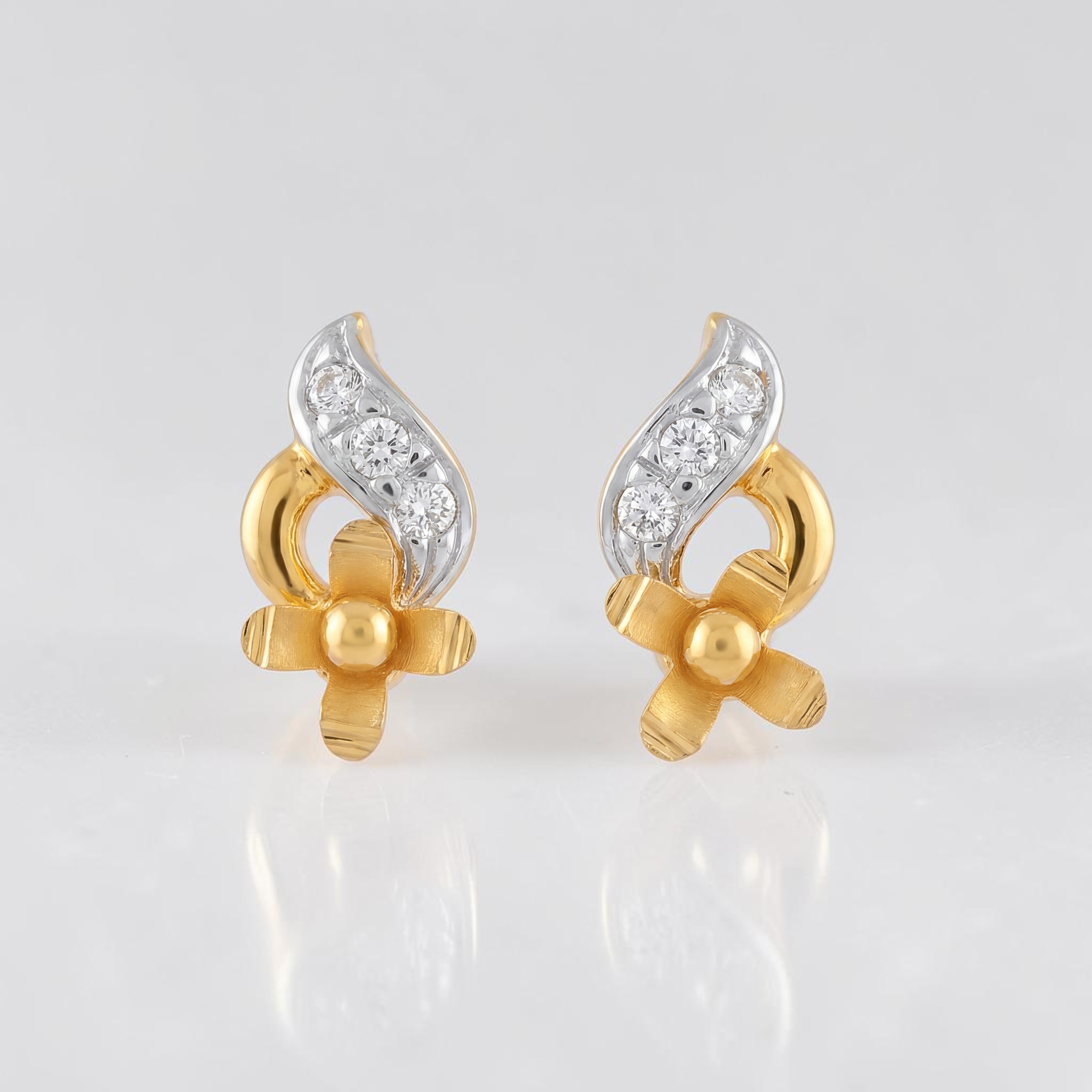 22KT Gold Two Tone Floral CZ Stud Earrings