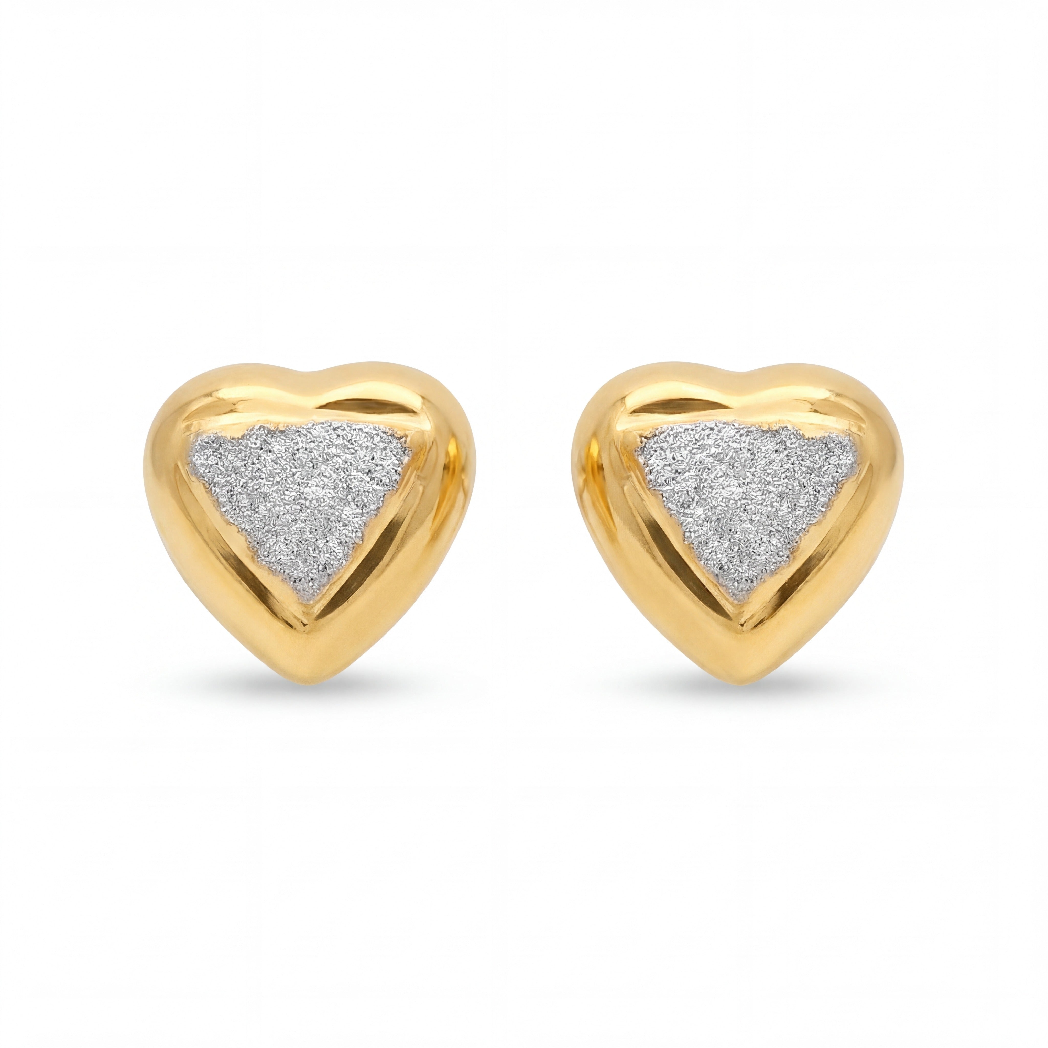 Elegant 22K yellow gold heart stud earrings featuring textured white rhodium center with polished gold heart frame by Pachchigar Jewellers Ashokbhai