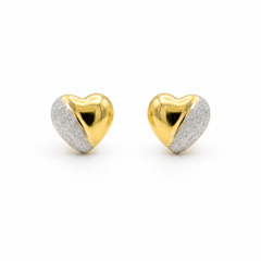 Elegant 22K yellow gold two tone heart stud earrings featuring polished gold finish with textured white rhodium diagonal detailing by Pachchigar Jewellers Ashokbhai
