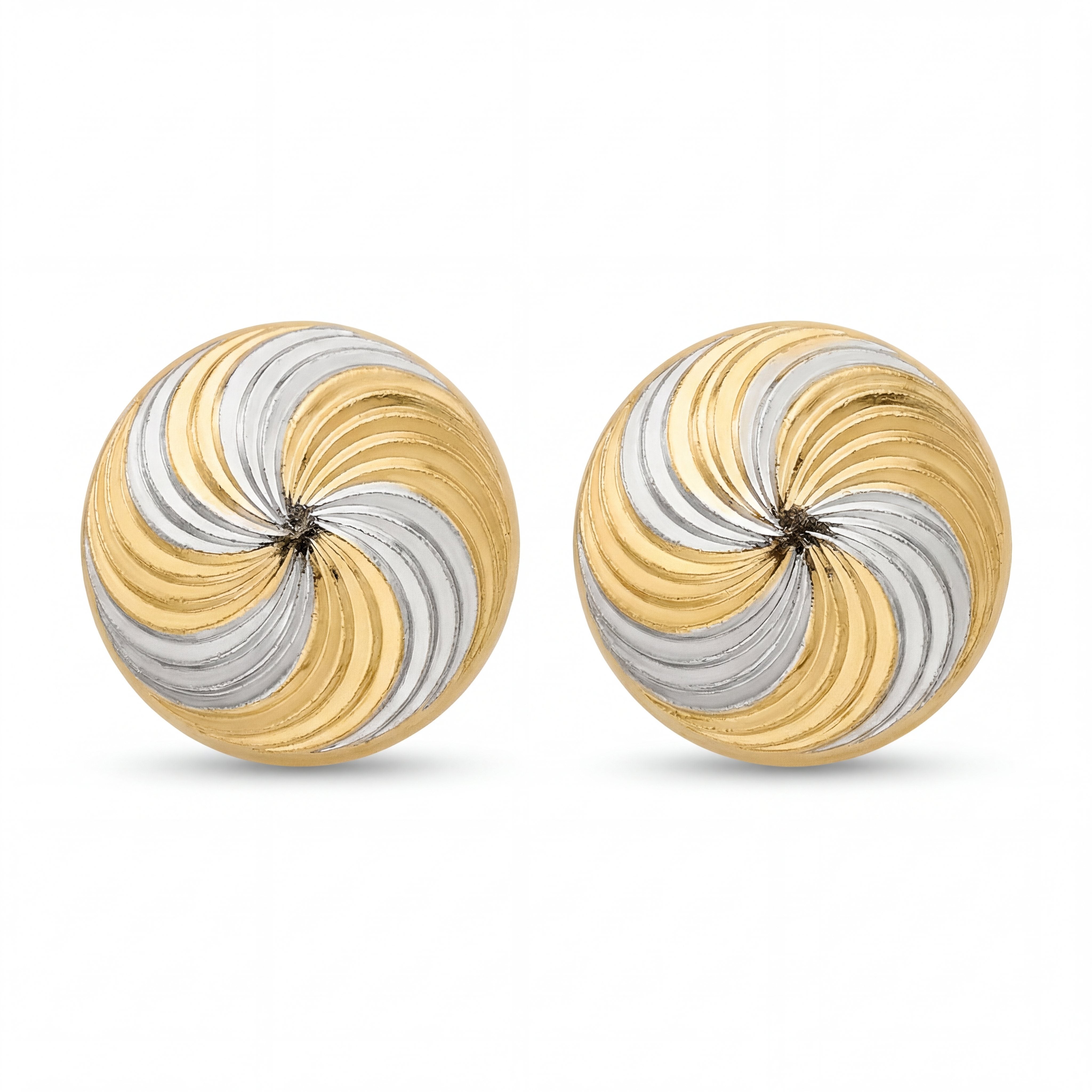 Elegant 22K yellow gold two tone spiral disc earrings featuring twisted yellow gold and white rhodium swirl pattern in a round stud design by Pachchigar Jewellers Ashokbhai