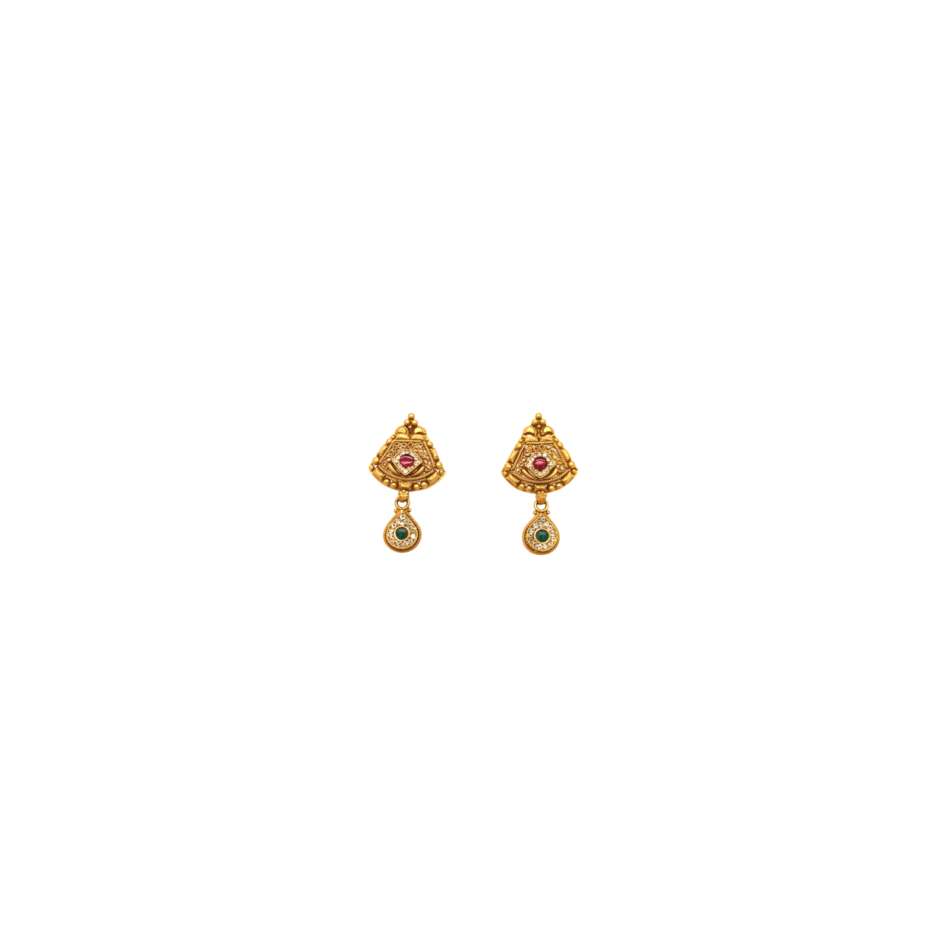 Traditional Gold Drop Earrings with Red & Green Stones