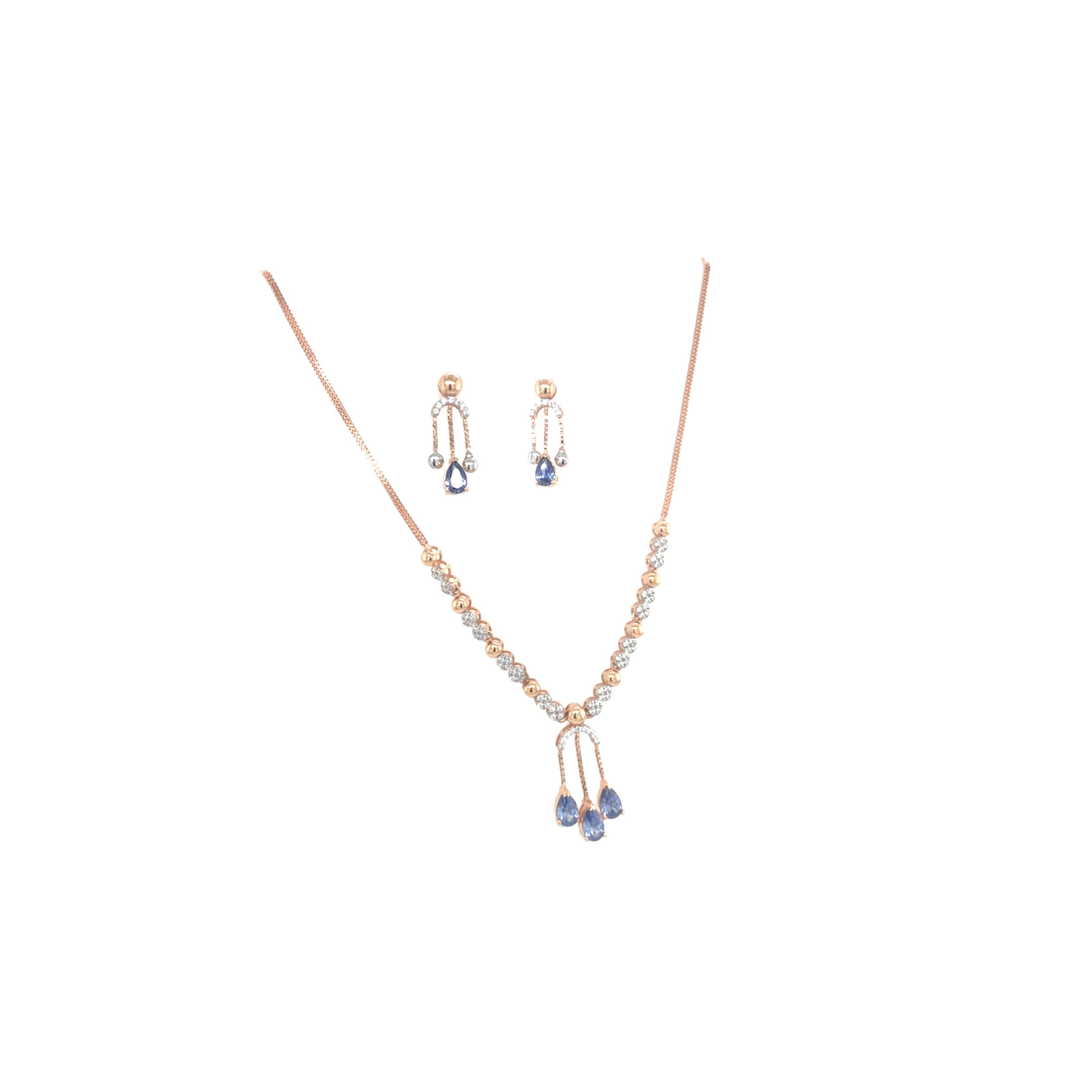 18KT Gold Diamond Necklace Set with Blue Stone Drops