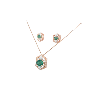 Geometric Diamond Necklace Set with Emerald-Tone Stone