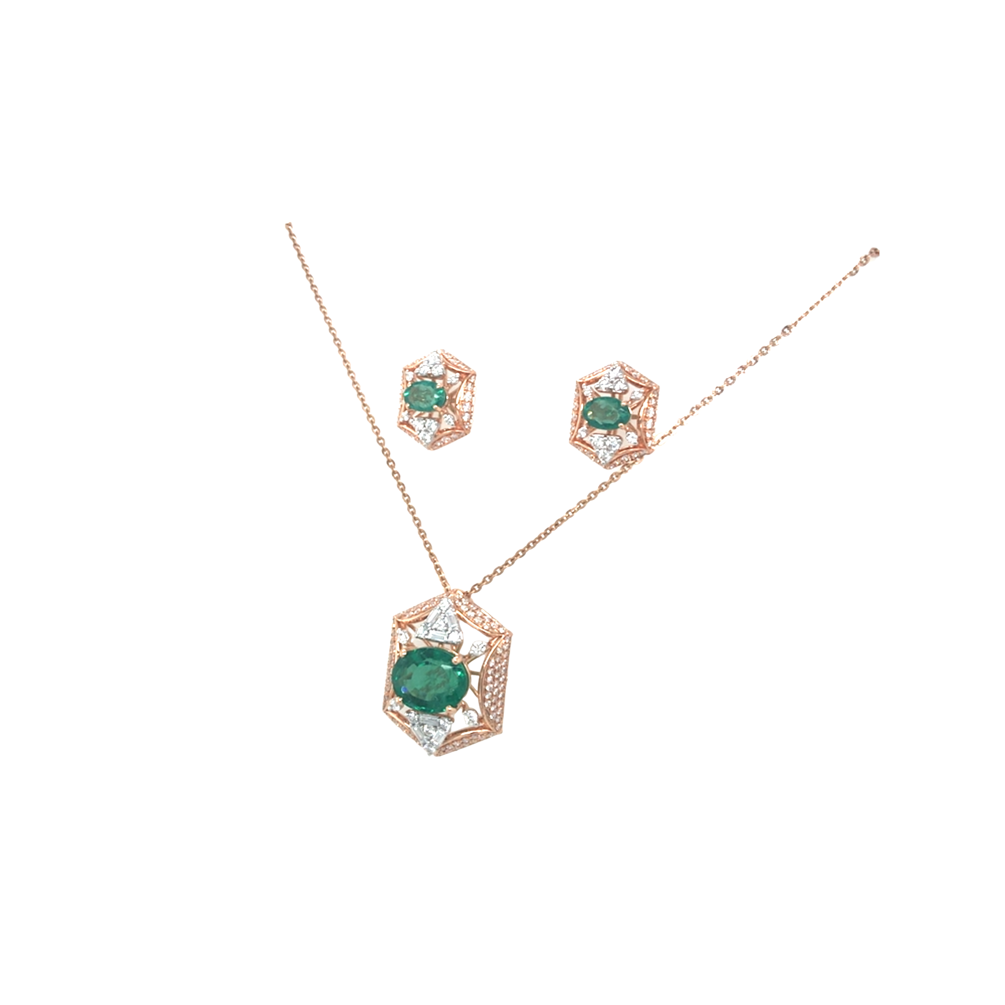 Geometric Diamond Necklace Set with Emerald-Tone Stone
