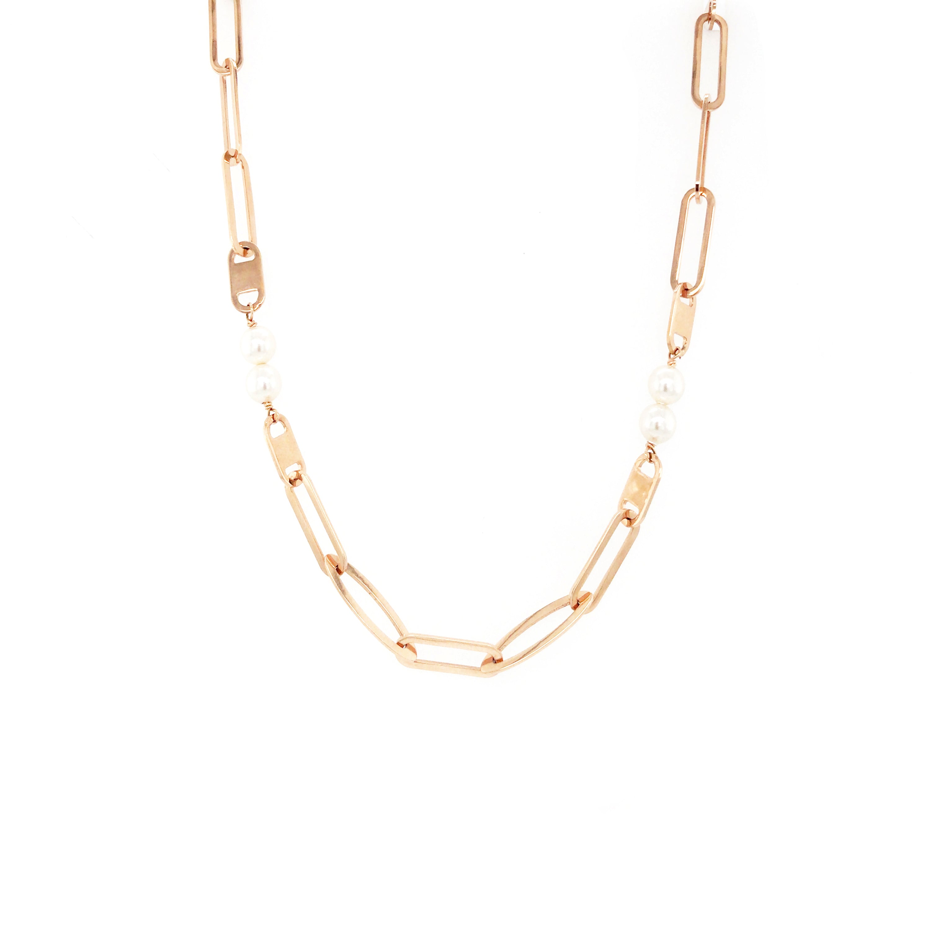Designer Rose Gold Necklace  Elongated Links & Pearl Combo