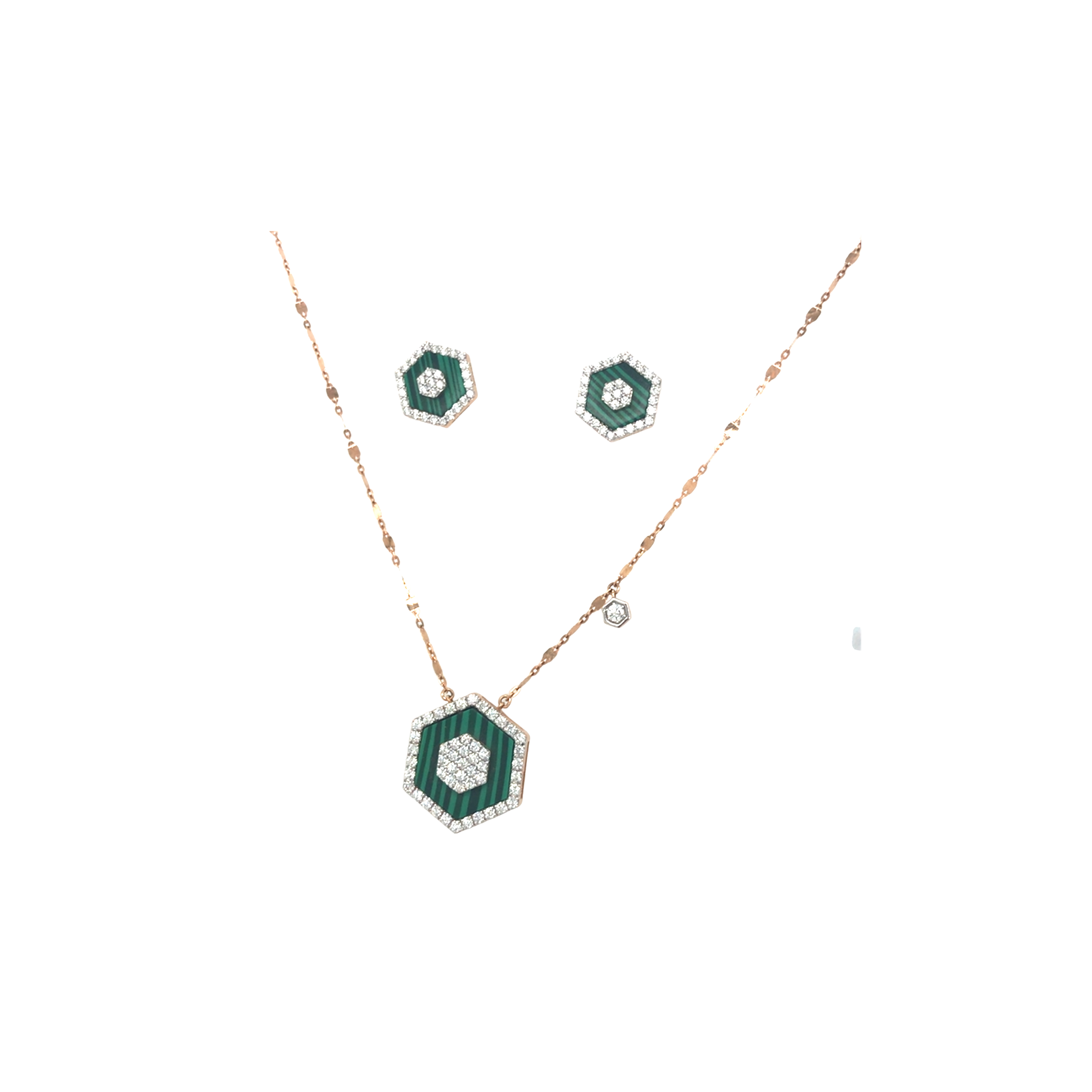 Diamond necklace set with green stone and matching earrings