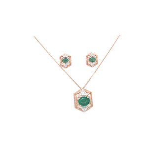 Geometric Diamond Necklace Set with Emerald-Tone Stone