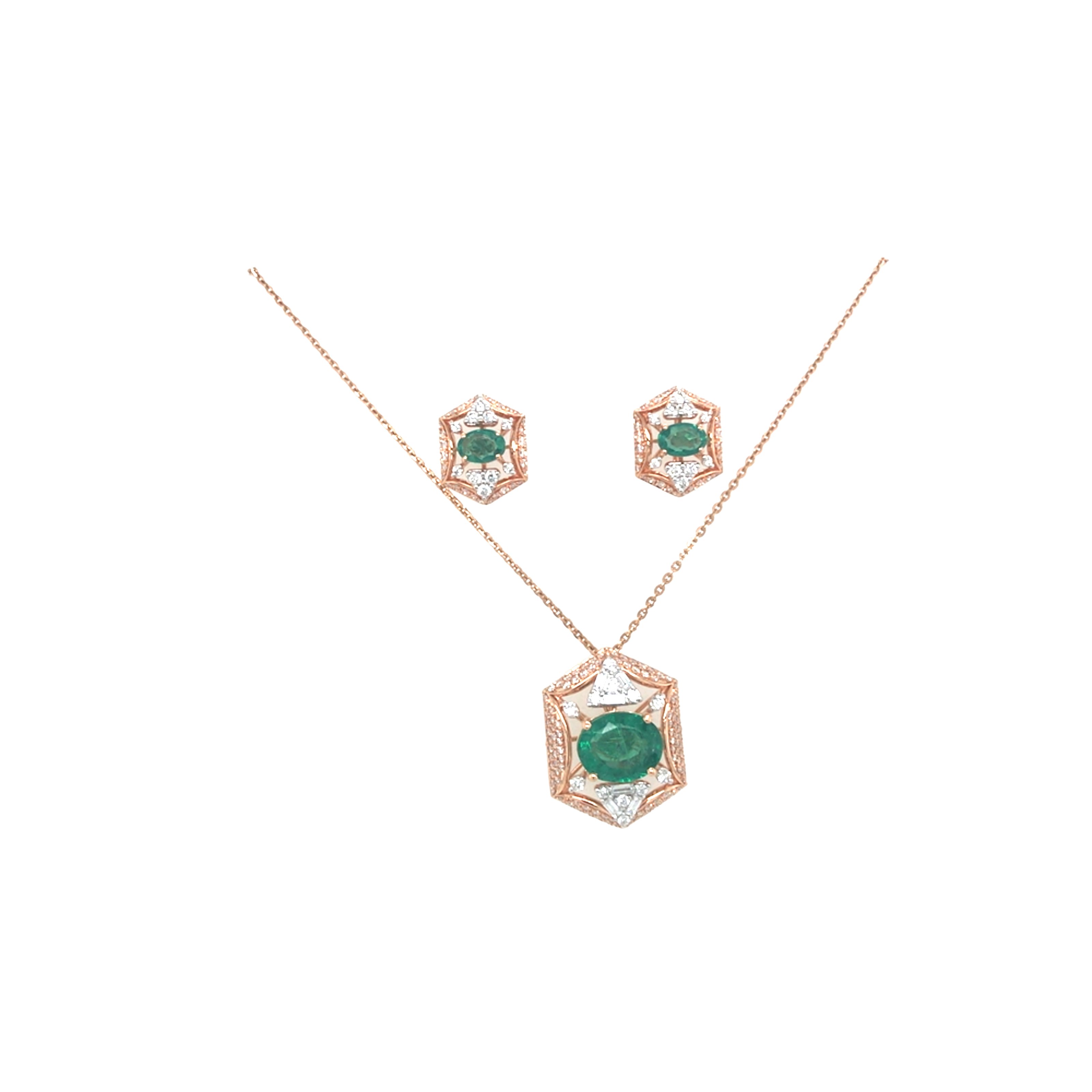 Geometric Diamond Necklace Set with Emerald-Tone Stone