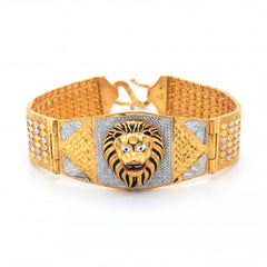 916 gold men’s bracelet with lion face center design, diamond-cut texture, and white gold accents on a white background.