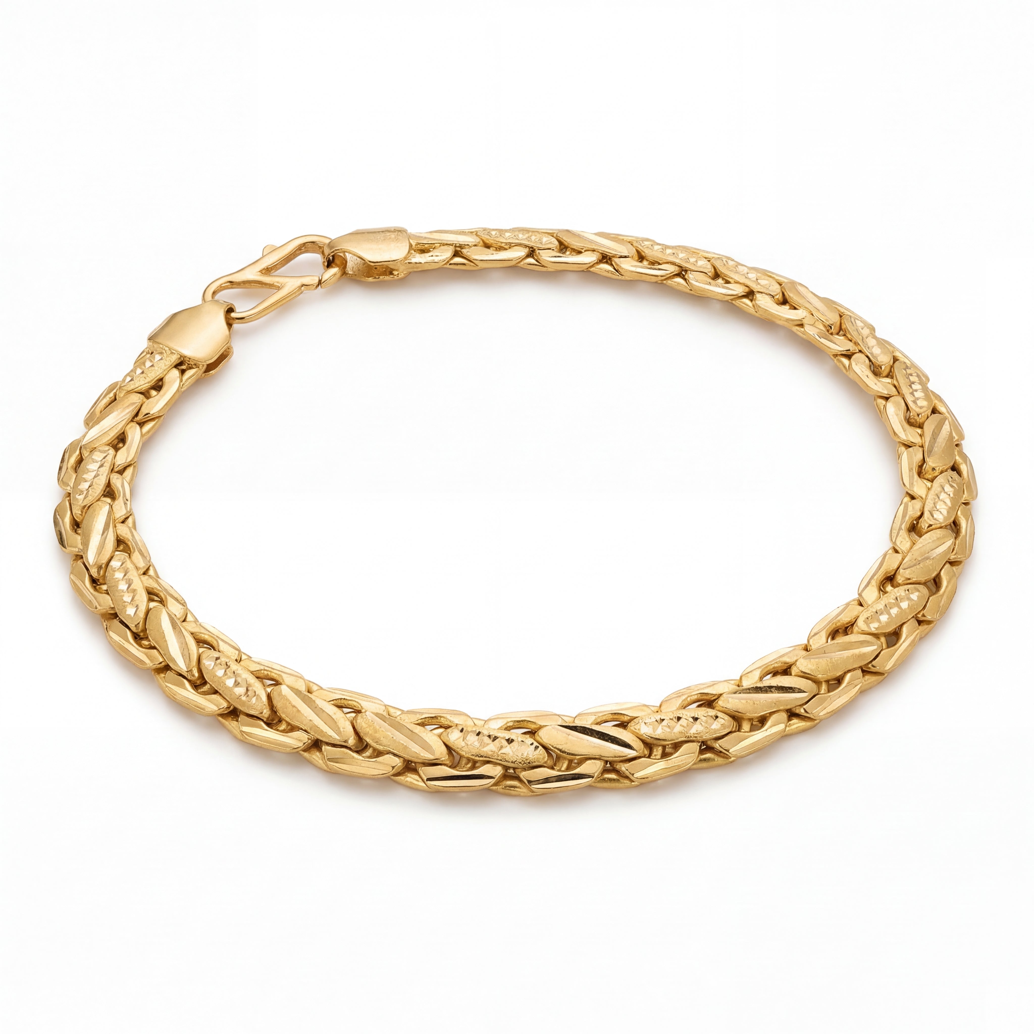 Beautiful 22KT gold bracelet showcasing textured woven chain links with secure clasp on a white background.