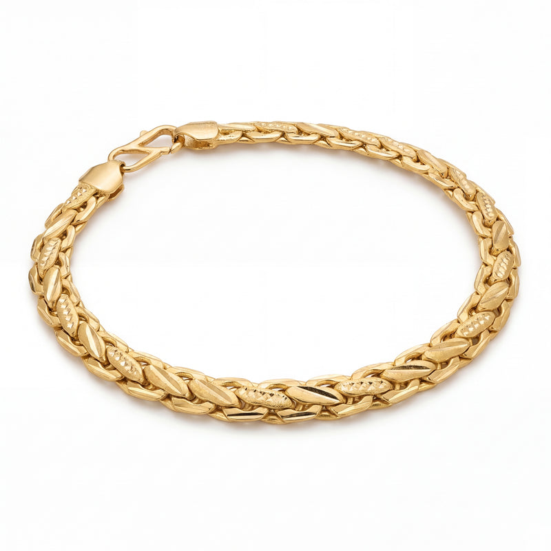 Beautiful 22KT gold bracelet showcasing textured woven chain links with secure clasp on a white background.