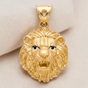 Yellow gold pendant featuring a detailed roaring lion head with textured mane and expressive eyes, symbolizing strength, courage, and power.