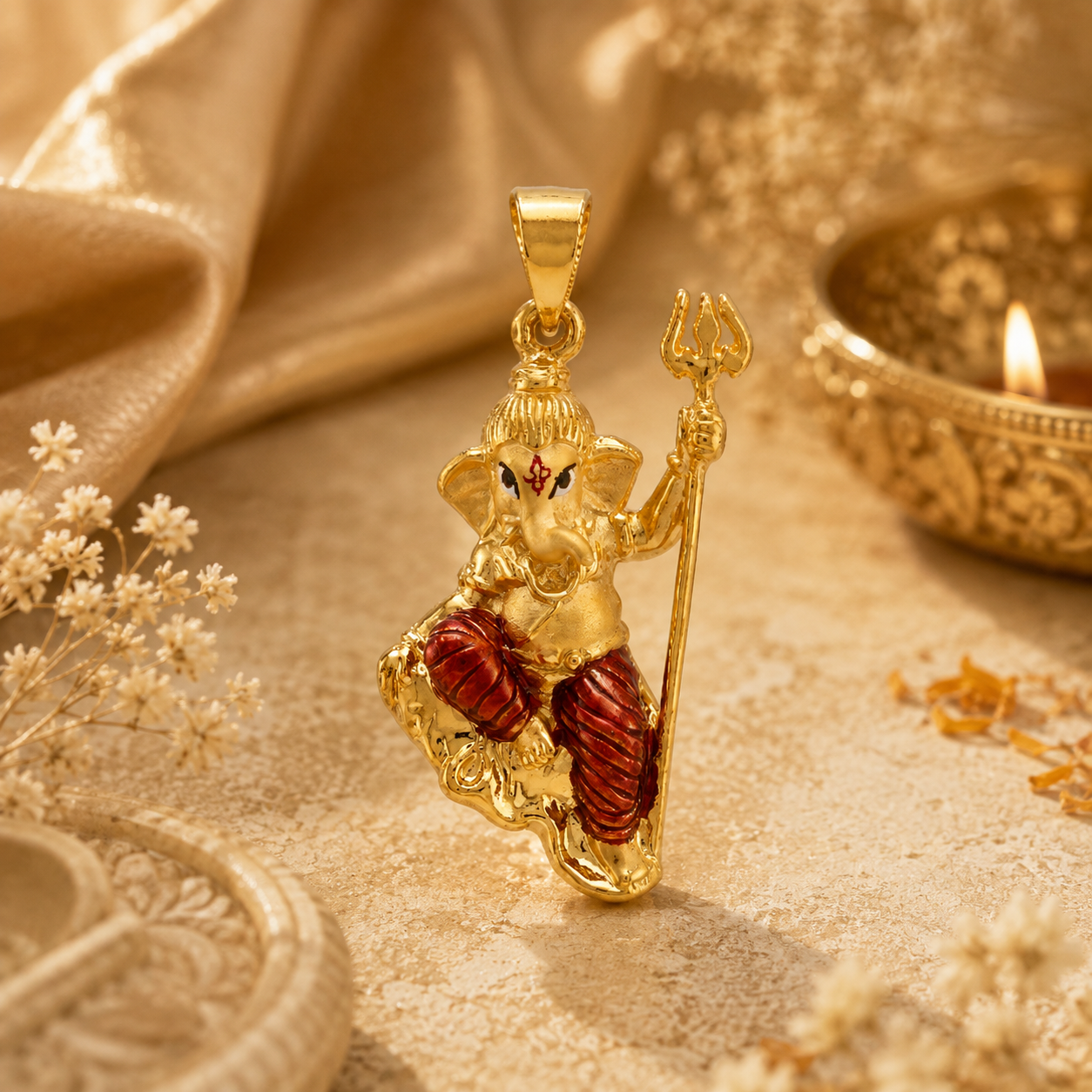 22KT Gold Lord Ganesh Pendant with Meenakari Work