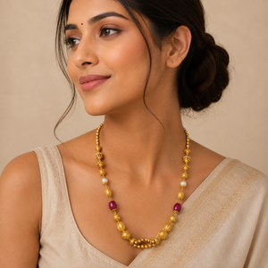 22KT Gold Ruby & Pearl Designer Long Necklace for Women