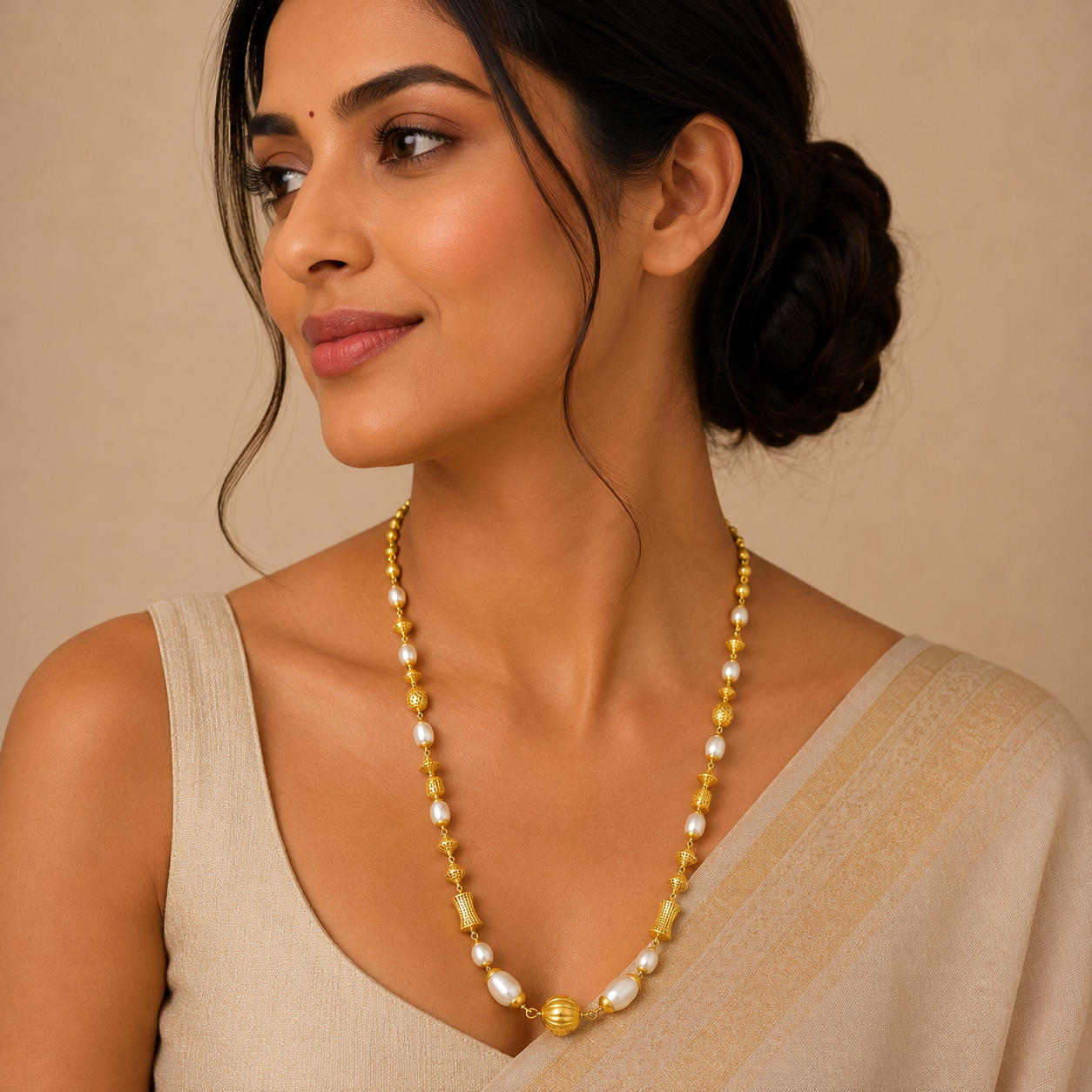 22KT Gold Pearl Long Necklace for Women