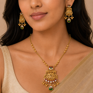 Antique  Gold Necklace Set | Traditional South-Indian Nakshi Pendant with Jhumka Earrings