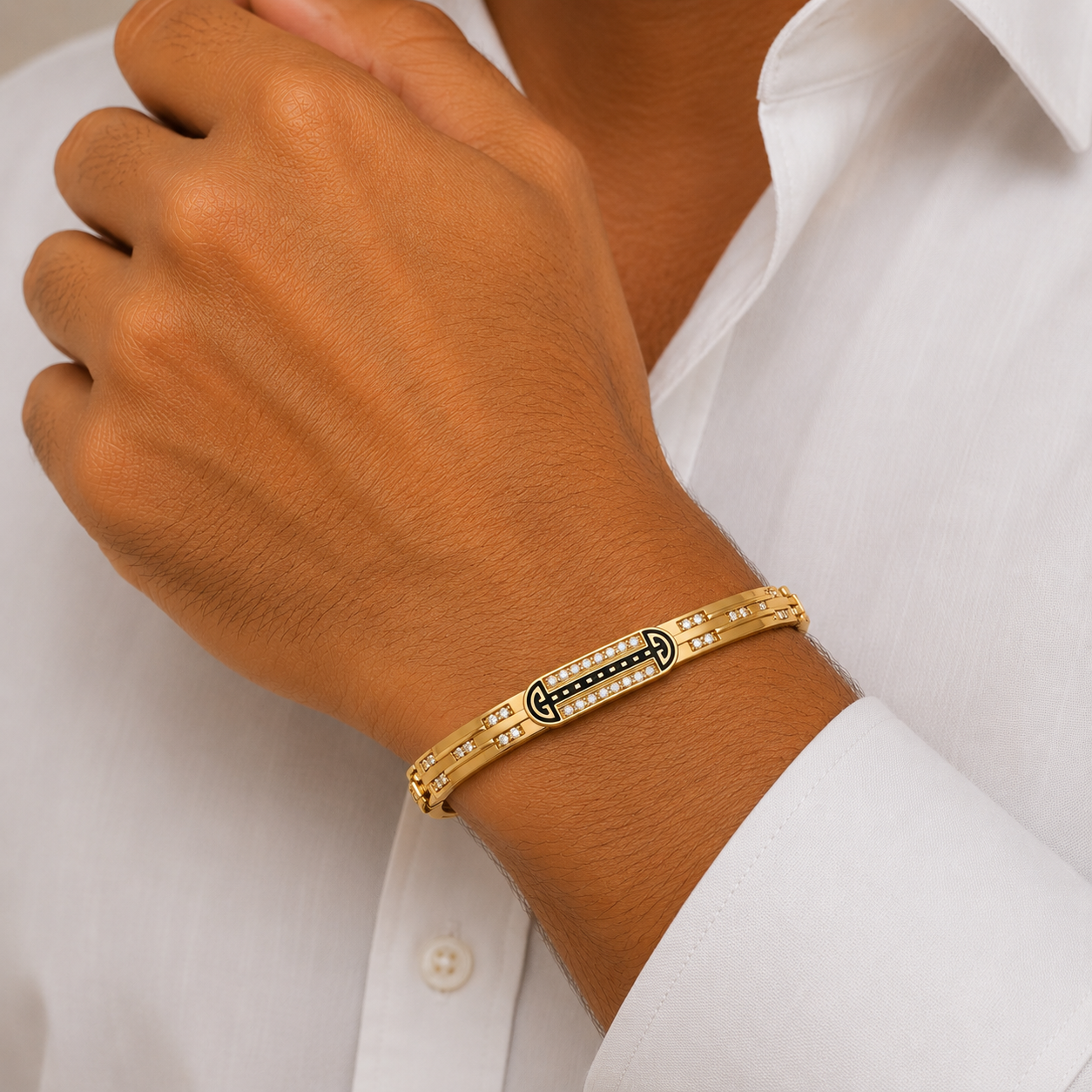 22K Gold Designer Kada for Men | Black Enamel Stone Bracelet
