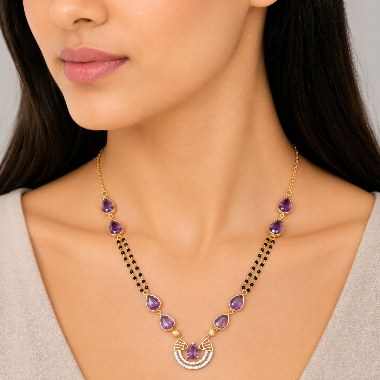 Gold Mangalsutra with Black Beads & Amethyst Pendant
