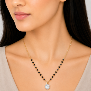 Gold Mangalsutra with Black Beads & American Diamond Pendant