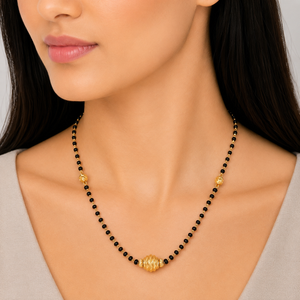 Gold Mangalsutra with Black Beads & Textured Gold Pendant