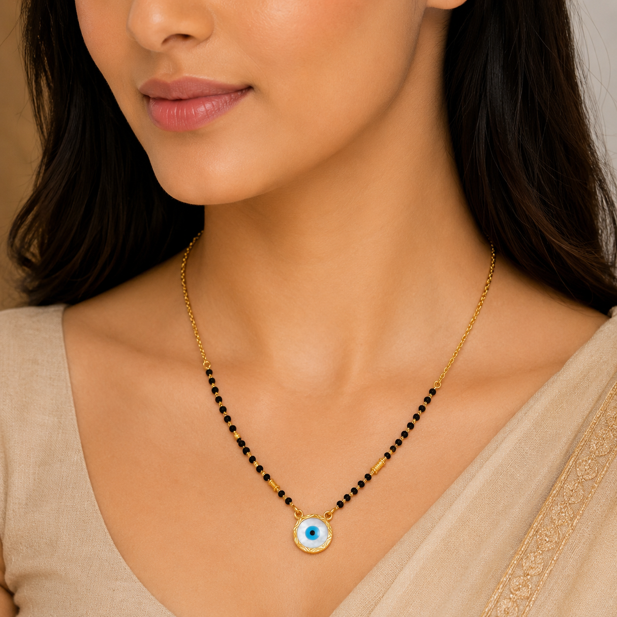 Gold Mangalsutra with Black Beads & Evil Eye Pendant