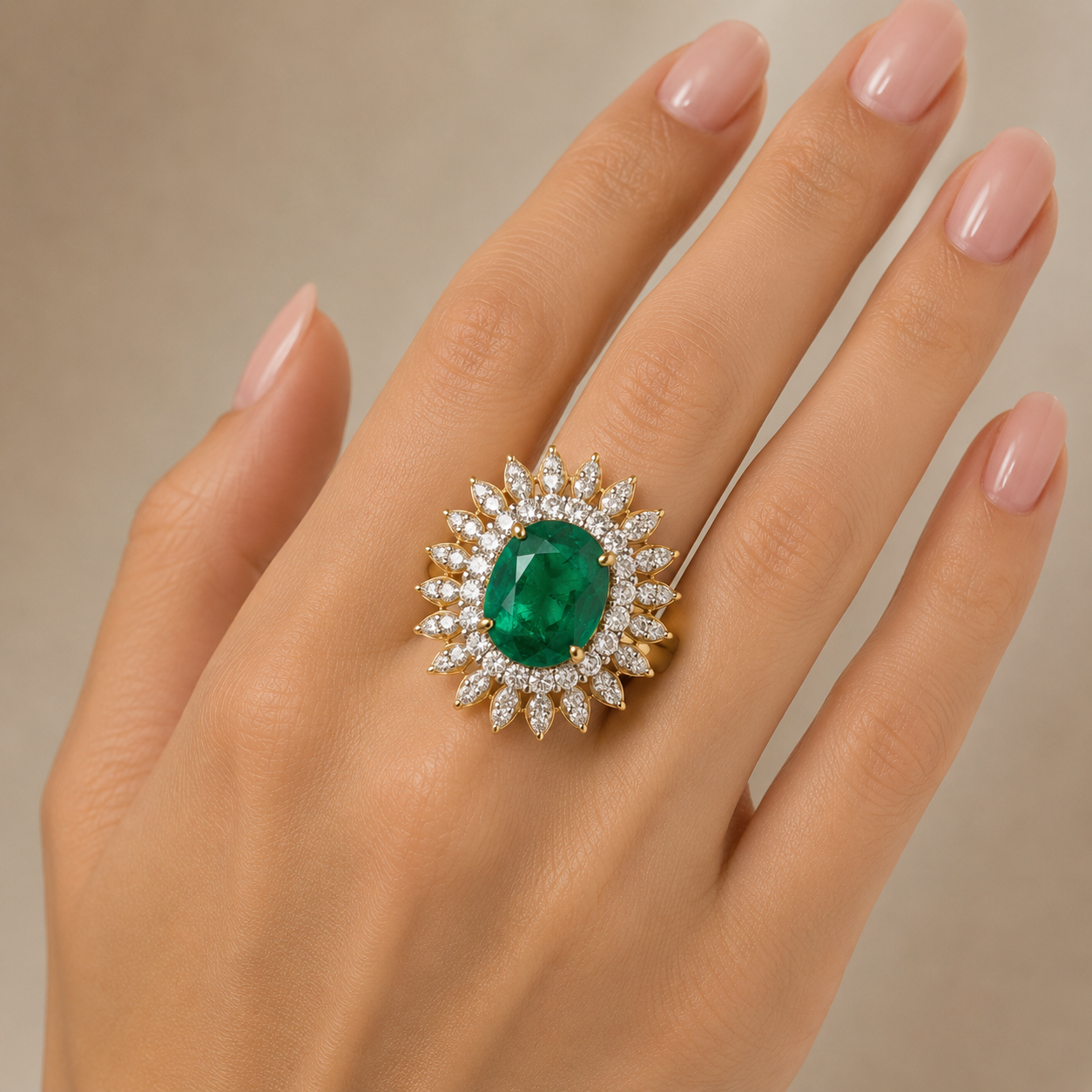 Emerald Diamond Halo Ring Gold Floral Design