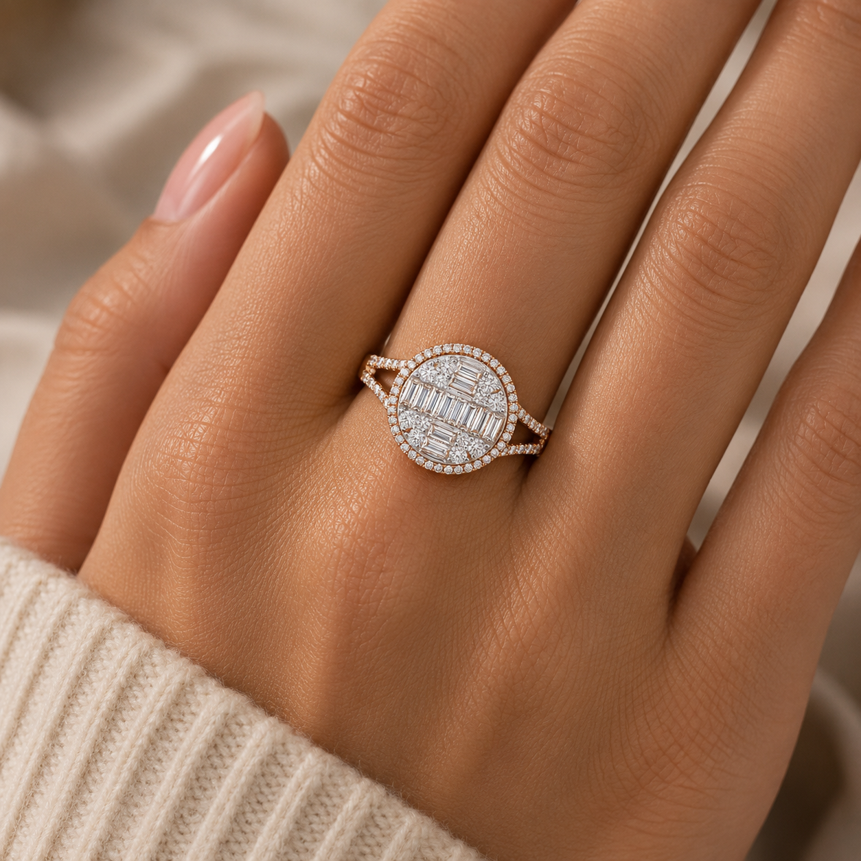 18KT Diamond Cluster Ring with Baguette & Round Diamonds