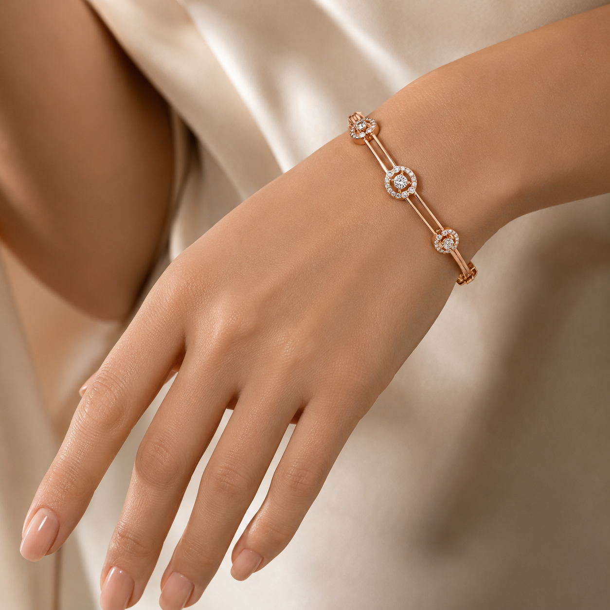 18KT Rose Gold Halo Diamond Station Bangle