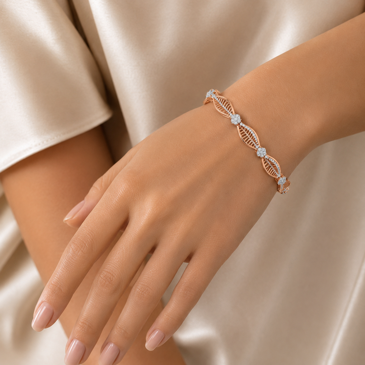 18KT Rose Gold Diamond Leaf Symphony Bangle