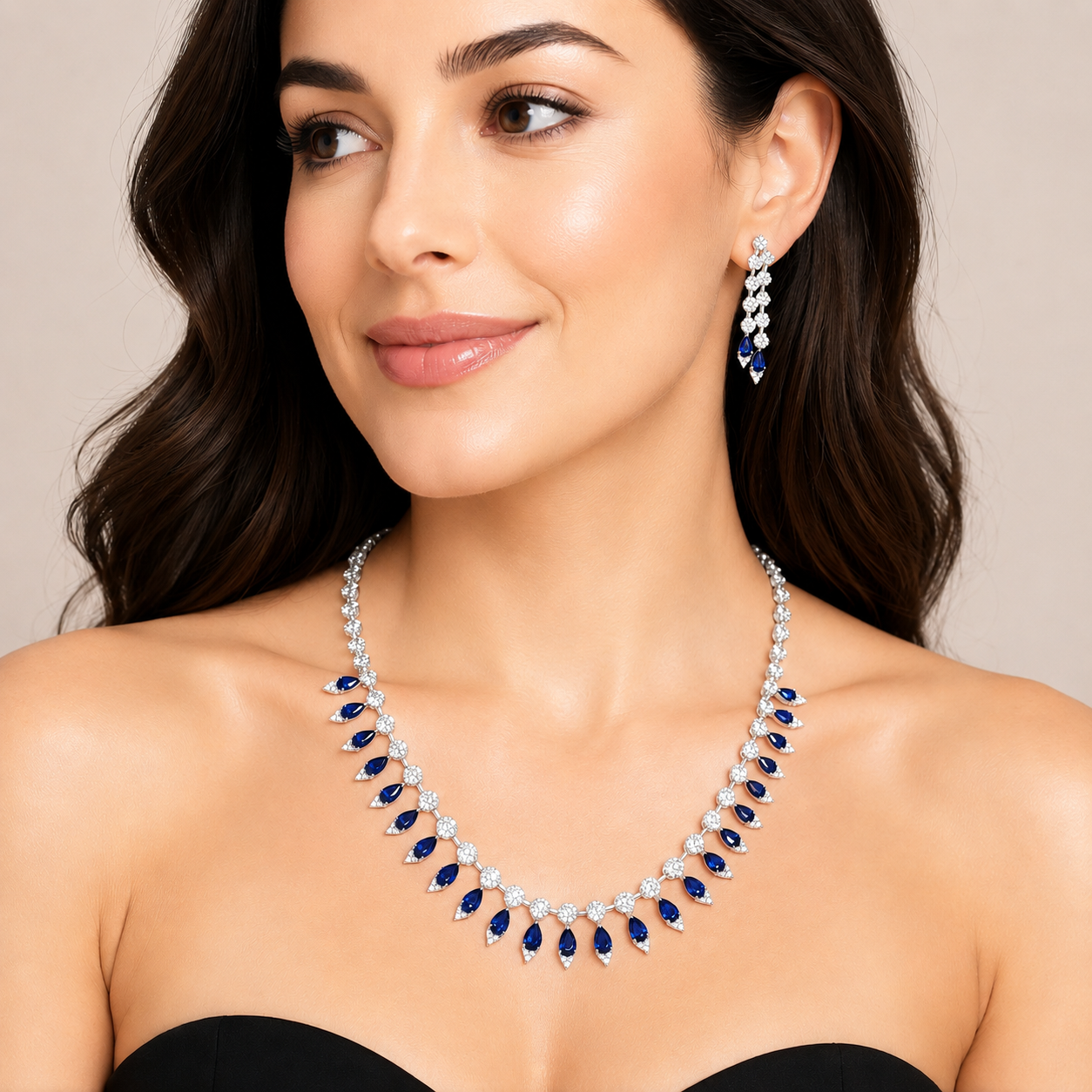 Statement Diamond Necklace Set with Blue Stones