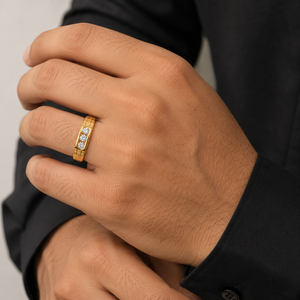 18KT Yellow Gold Triple Diamond Groove Men's Ring