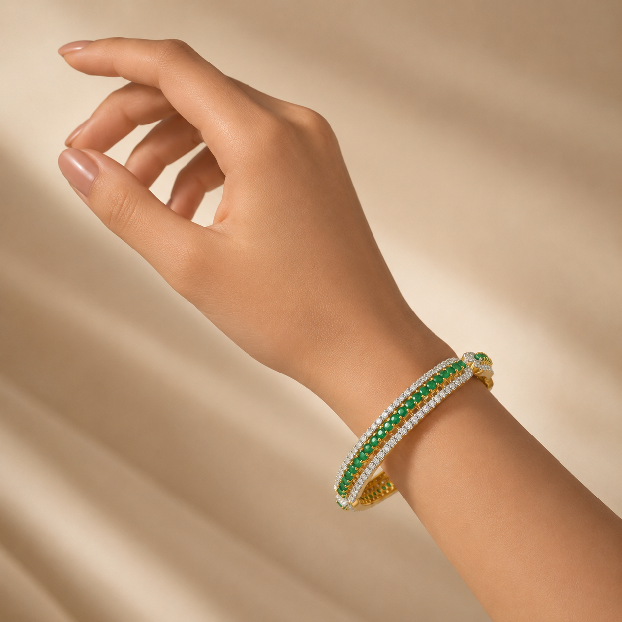 18KT Gold Emerald & Diamond Designer Bangle for Women
