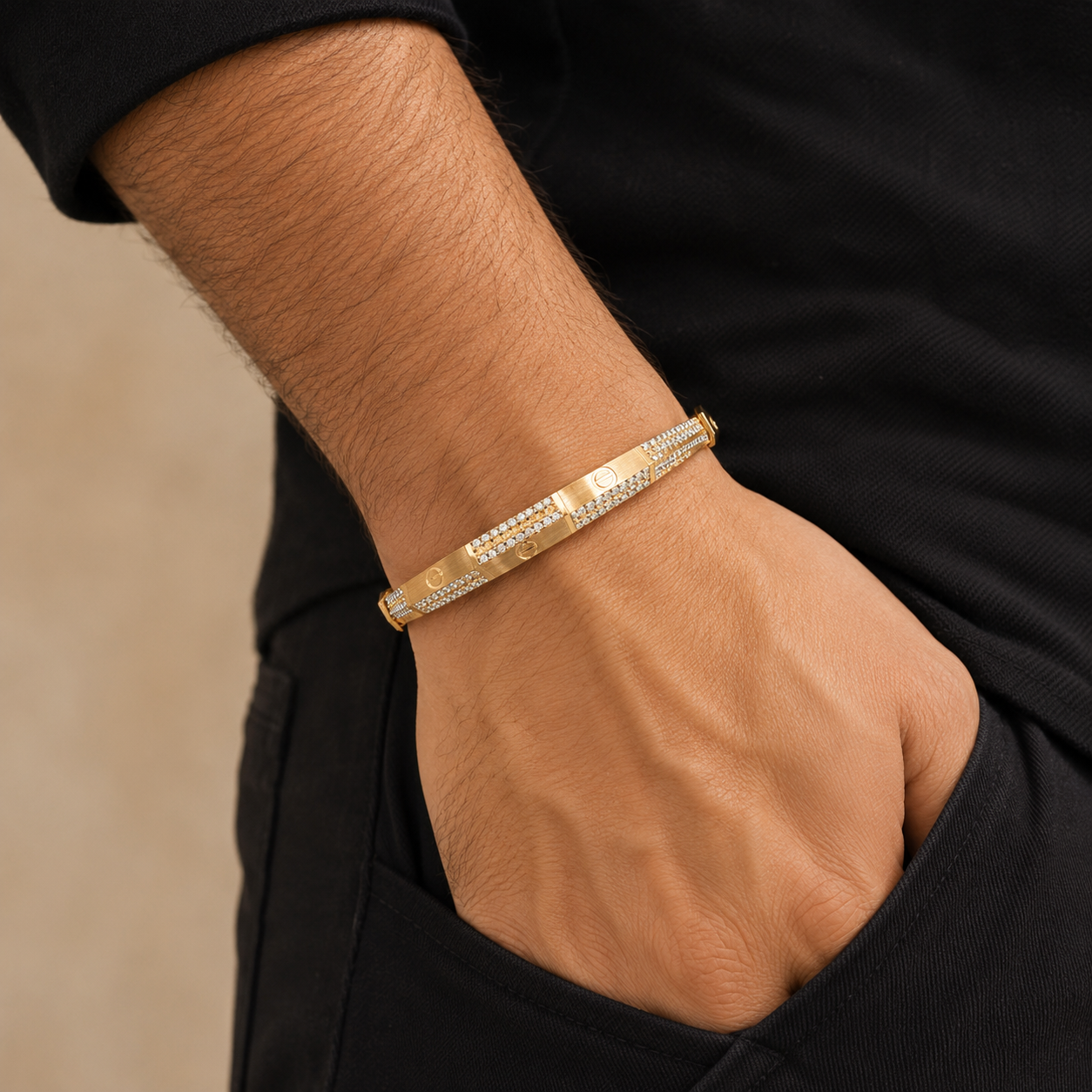 18KT Two-Tone Gold Stone-Studded Kada for Men