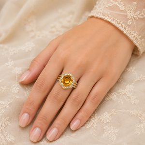 22KT Gold Cocktail Ring | Hexagon Yellow Stone Design