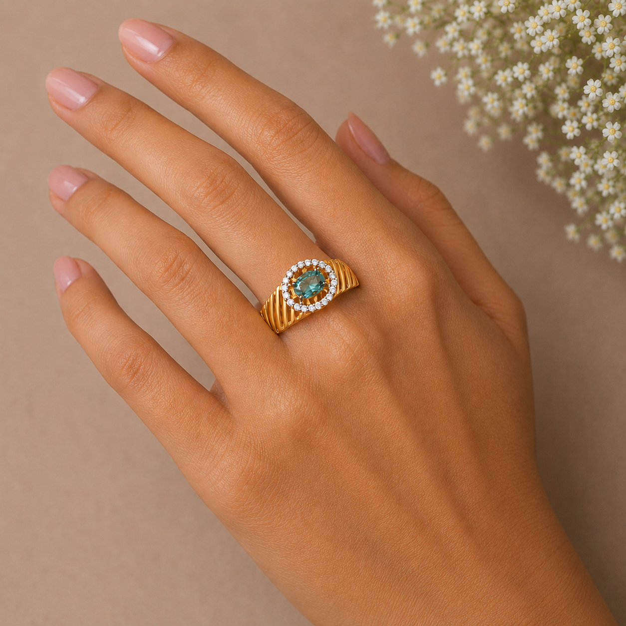 22KT Designer Gold Ring | Ribbed Band with Halo Setting