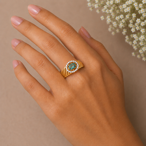 22KT Designer Gold Ring | Ribbed Band with Halo Setting