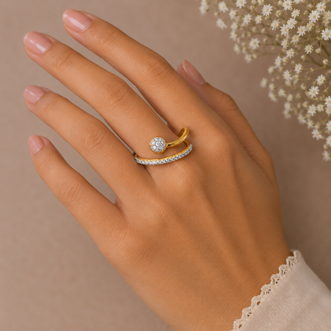 22KT Gold Ring for Women | CZ Ball & Half Stone Band