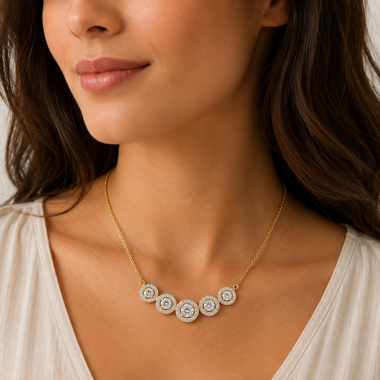 Elegant Five Halo Diamond Necklace in 18KT Gold