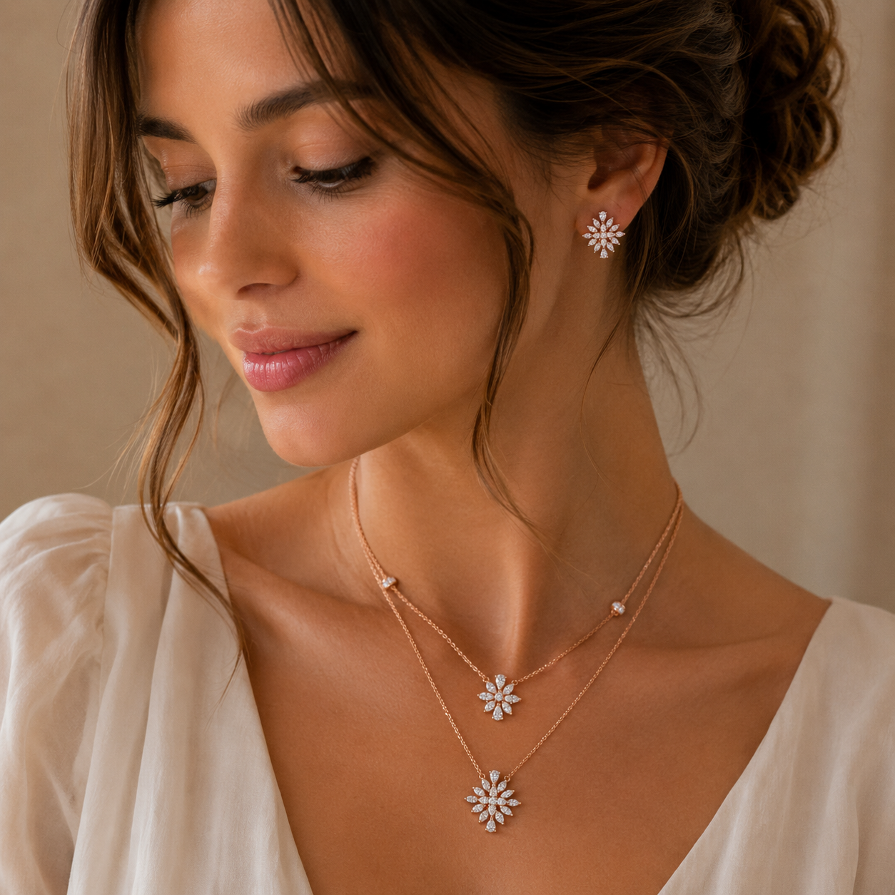 Floral Diamond Layered Necklace Set in 18KT Rose Gold