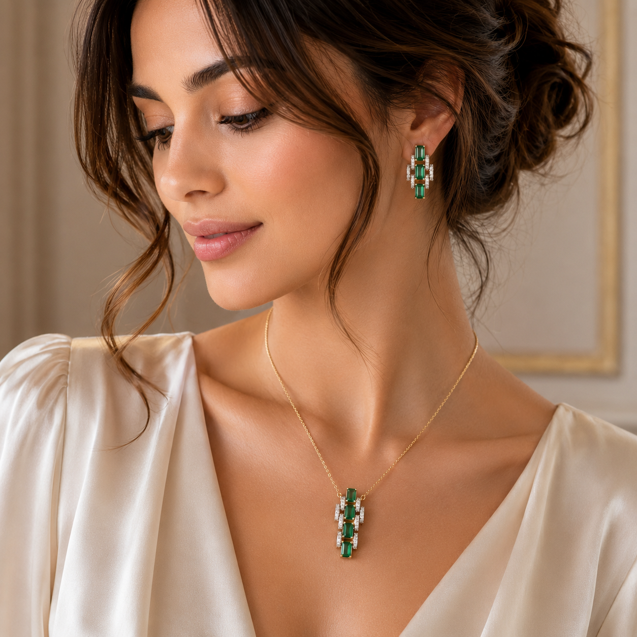 Emerald Cut Green Stone & Diamond Pendant Set in 18KT Gold
