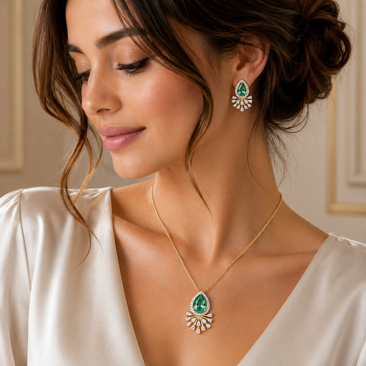 Pear Cut Emerald & Diamond Pendant Set in 18KT Gold