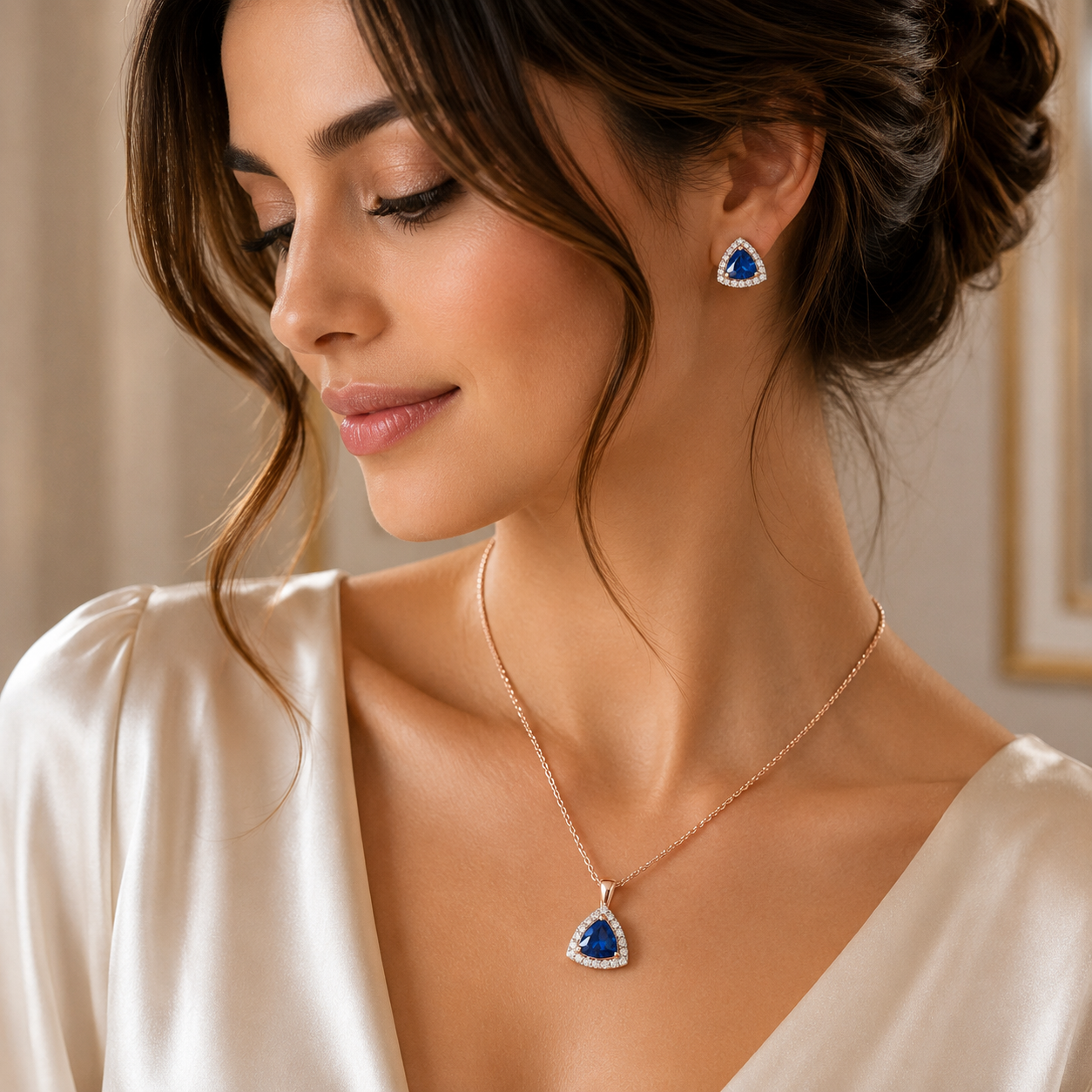 18KT Diamond & Blue Sapphire Triangle Pendant Set with Earrings