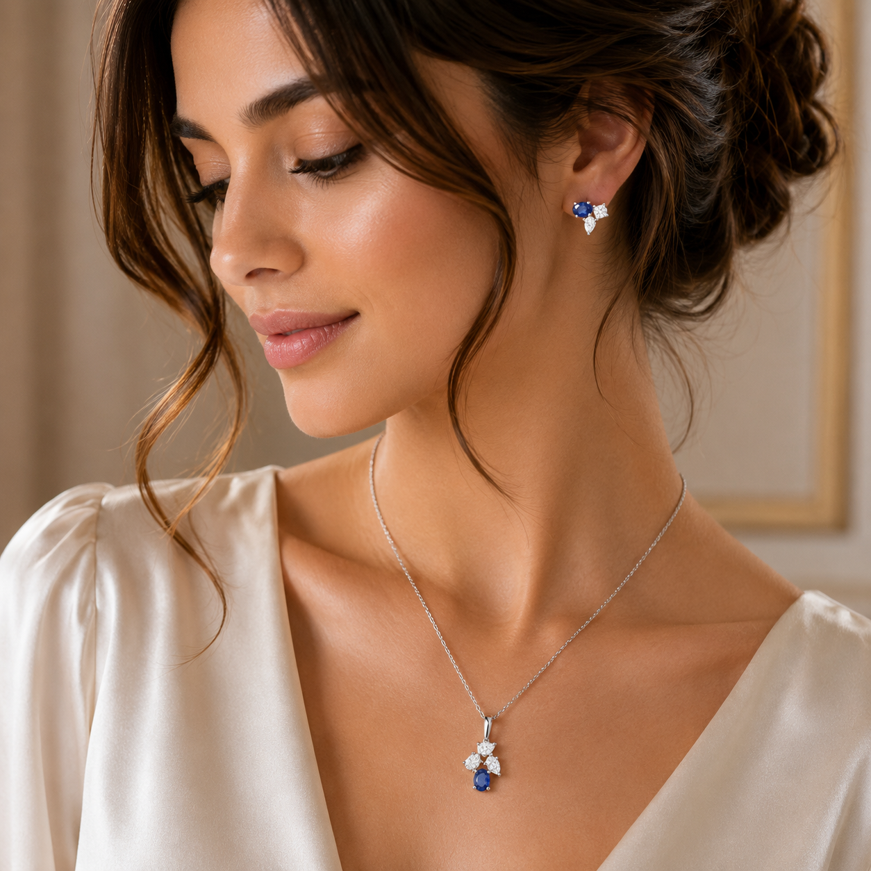 18KT Diamond & Blue Sapphire Pendant Set with Earrings