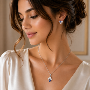 18KT Diamond & Blue Sapphire Pendant Set with Earrings