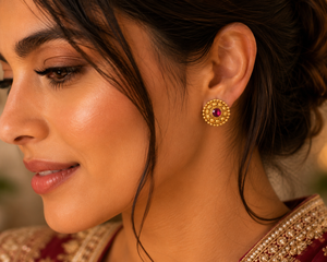 22KT Gold Antique Stud Earrings with Red Stone