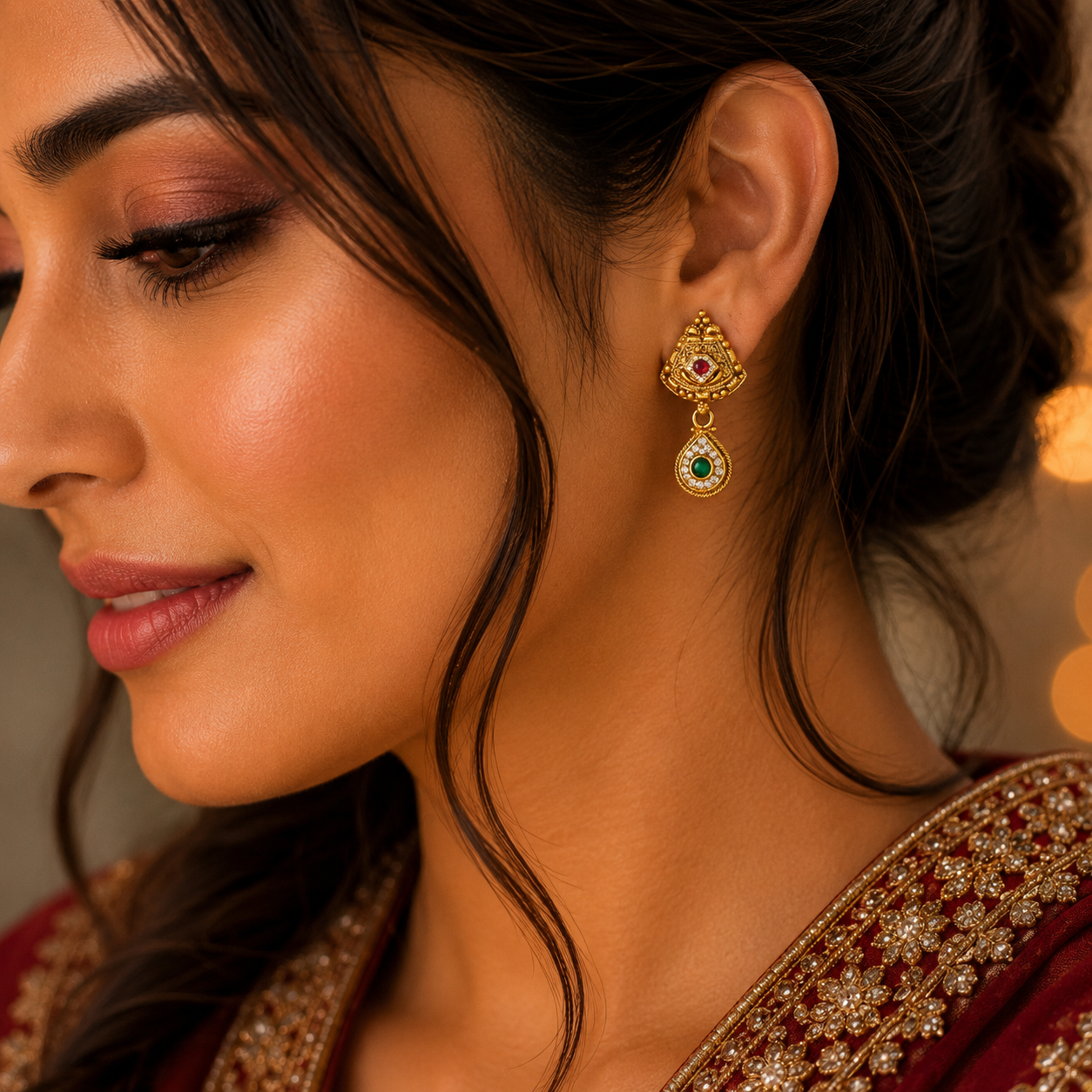 Traditional Gold Drop Earrings with Red & Green Stones